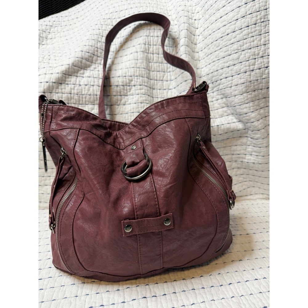 Roxy Burgundy Faux Leather Hobo Shoulder Bag Moto Zipper Pockets Wine Slouchy